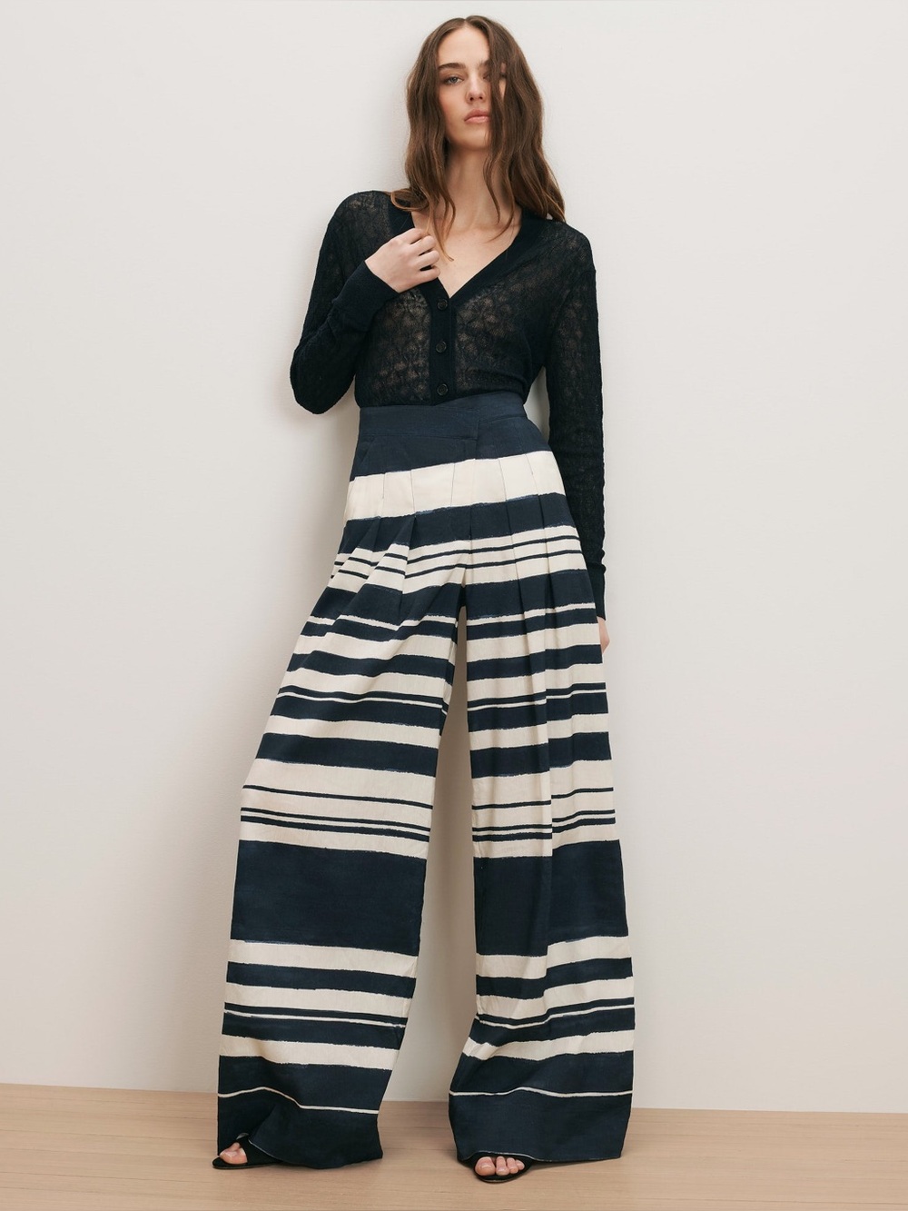 Veronica Beard Crossover Waistband Pant | Navy & White Stripe | Stretch-Linen